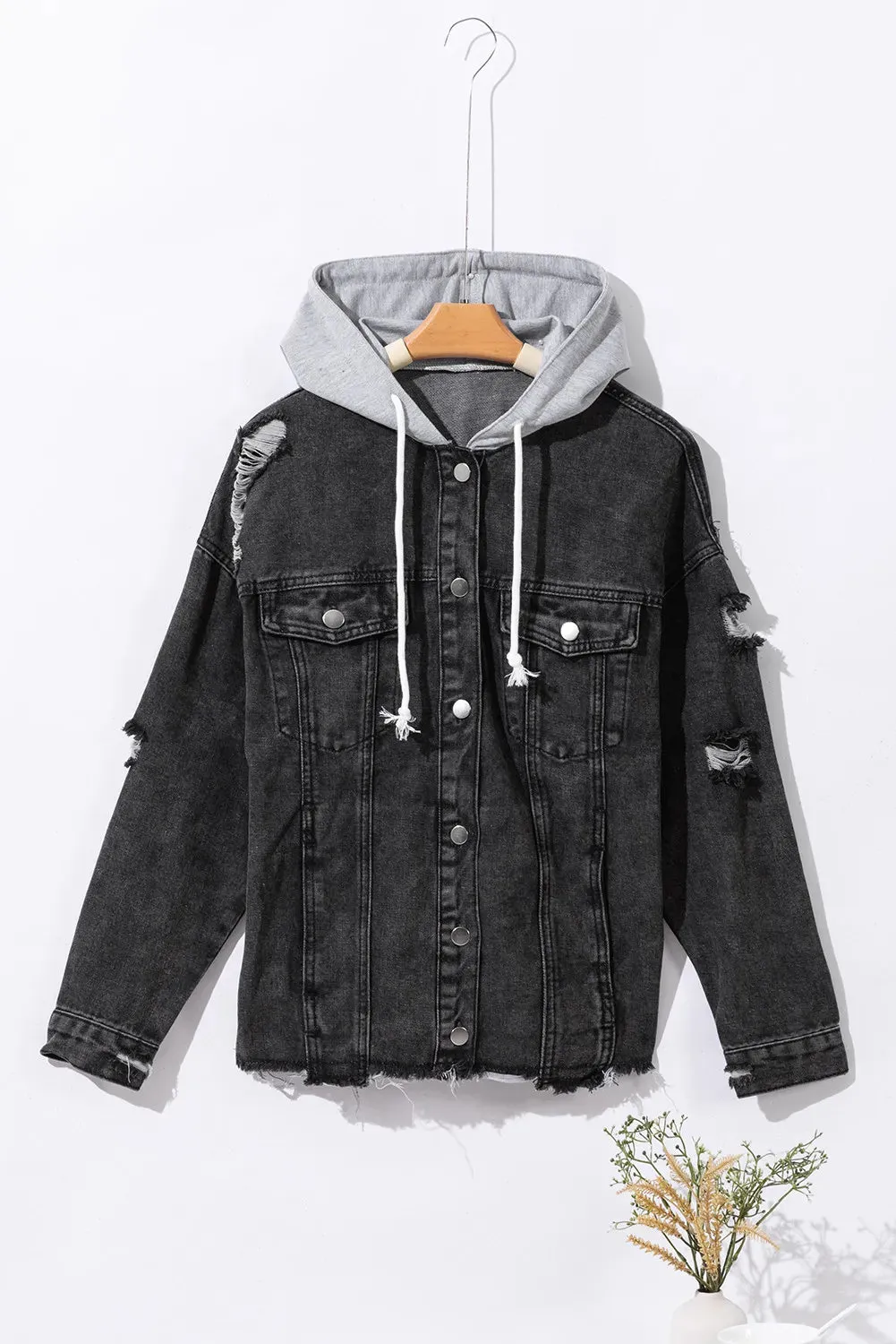Women's Distressed Denim Jacket with Drawstring Hood and Long-Sleeves