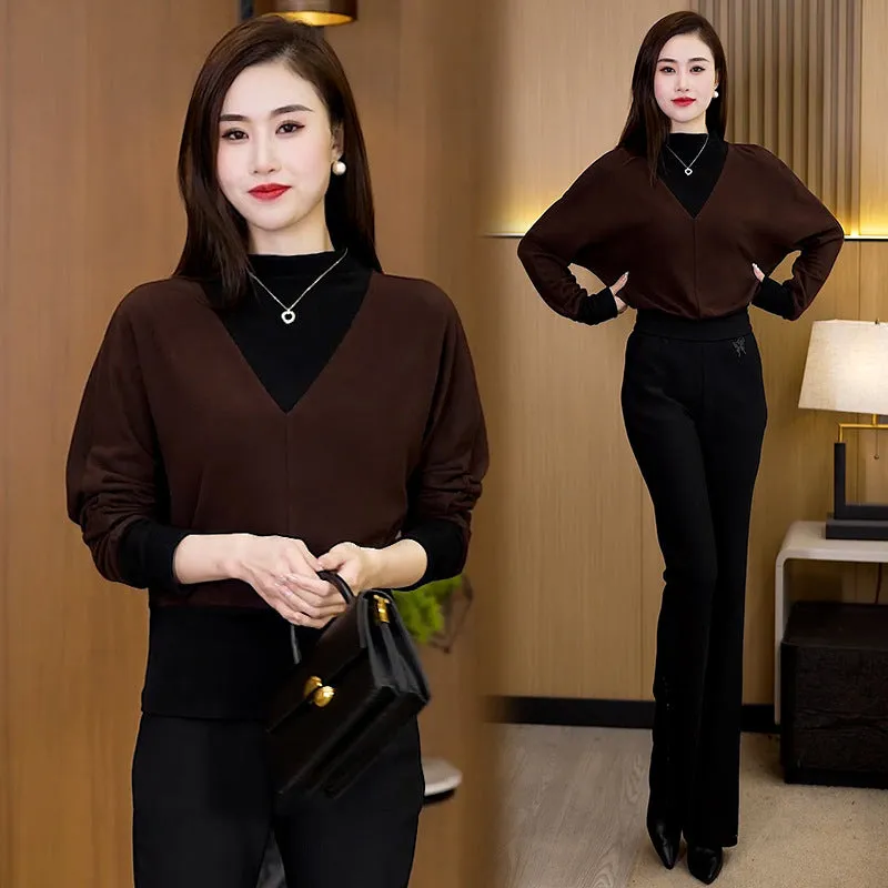 Women's Half-High Neck Patchwork Long Sleeve Top