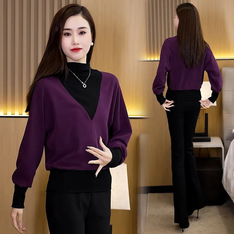 Women's Half-High Neck Patchwork Long Sleeve Top