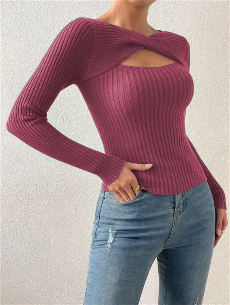 Women's New Style Irregular Hollowed Out Knotted Pullover Sweater, Fashionable Knitted Top. C241025-2