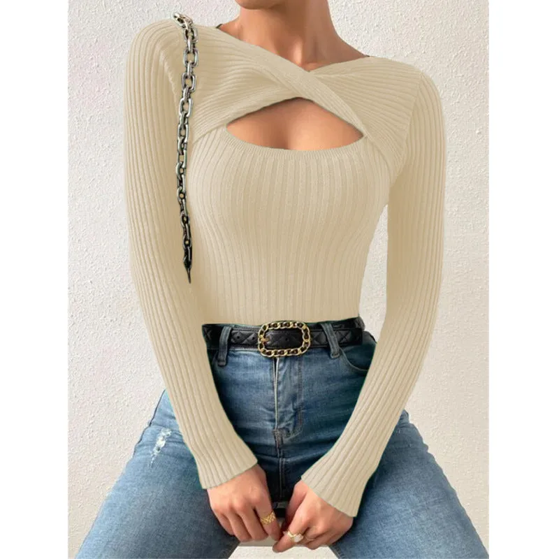 Women's New Style Irregular Hollowed Out Knotted Pullover Sweater, Fashionable Knitted Top. C241025-2