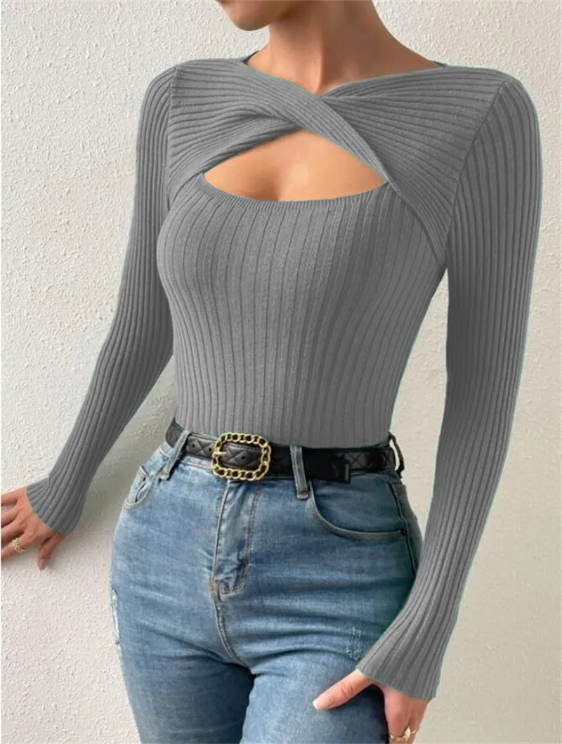 Women's New Style Irregular Hollowed Out Knotted Pullover Sweater, Fashionable Knitted Top. C241025-2