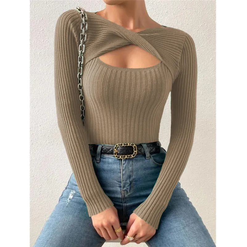 Women's New Style Irregular Hollowed Out Knotted Pullover Sweater, Fashionable Knitted Top. C241025-2