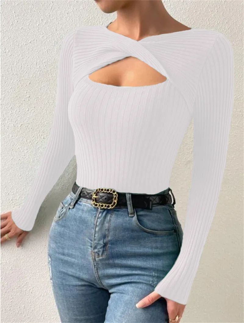Women's New Style Irregular Hollowed Out Knotted Pullover Sweater, Fashionable Knitted Top. C241025-2