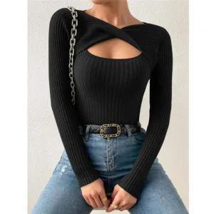 Women's New Style Irregular Hollowed Out Knotted Pullover Sweater, Fashionable Knitted Top. C241025-2