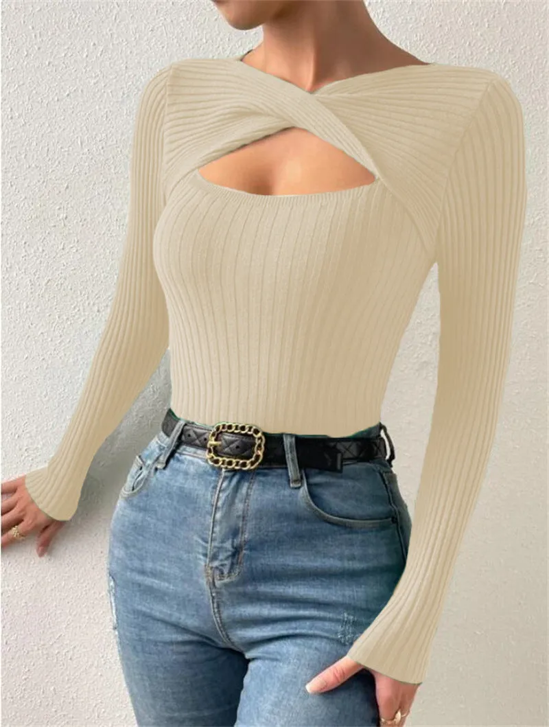 Women's New Style Irregular Hollowed Out Knotted Pullover Sweater, Fashionable Knitted Top. C241025-2