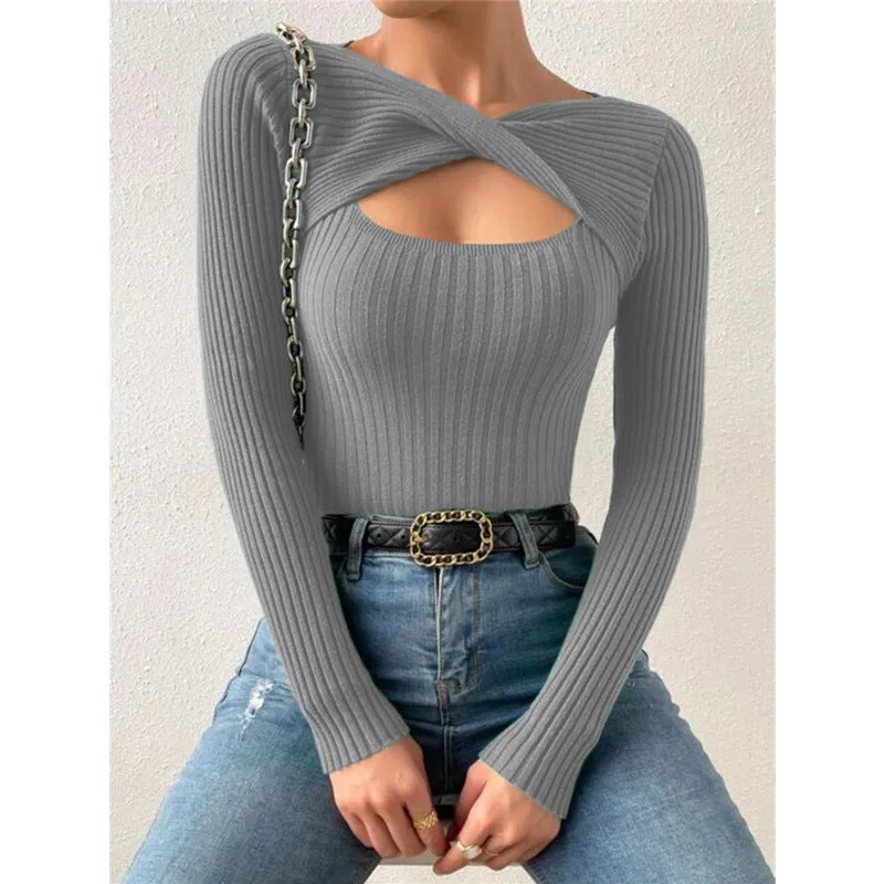 Women's New Style Irregular Hollowed Out Knotted Pullover Sweater, Fashionable Knitted Top. C241025-2