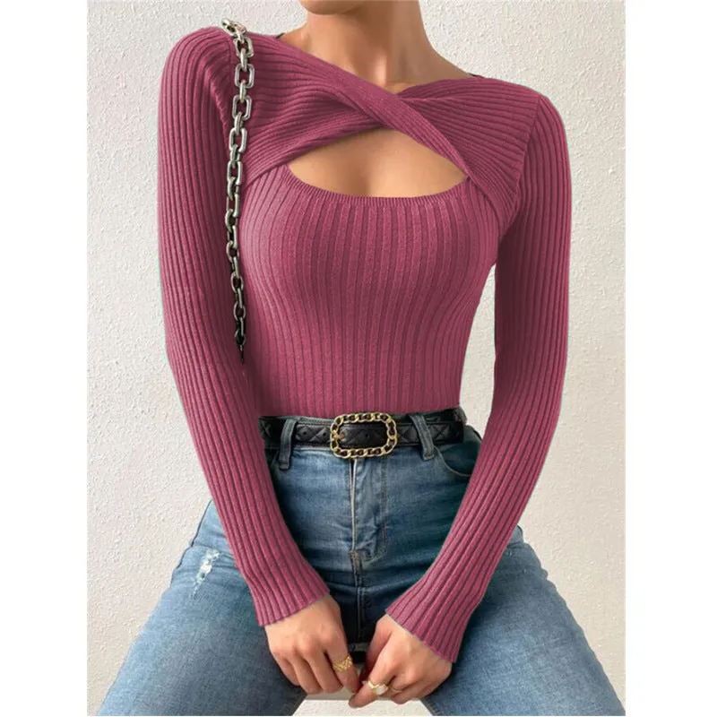 Women's New Style Irregular Hollowed Out Knotted Pullover Sweater, Fashionable Knitted Top. C241025-2