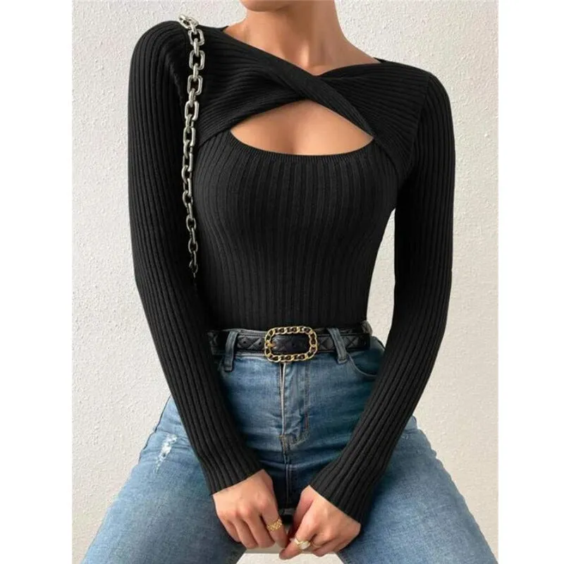 Women's New Style Irregular Hollowed Out Knotted Pullover Sweater, Fashionable Knitted Top. C241025-2