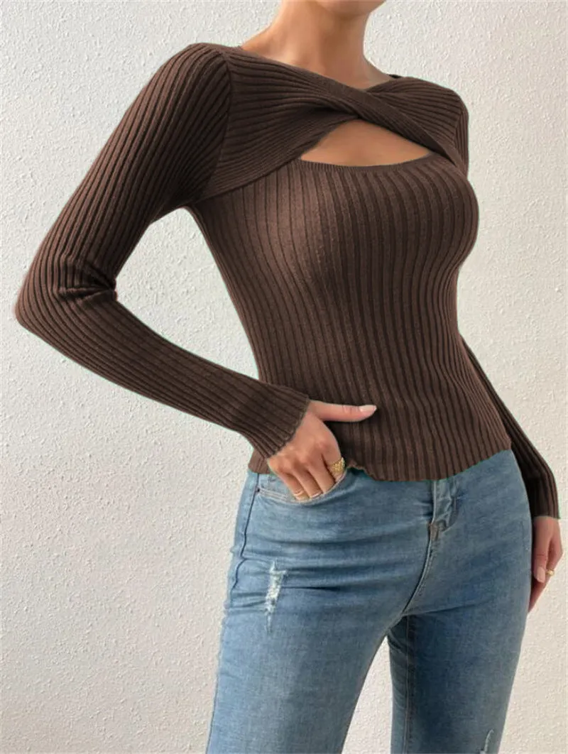 Women's New Style Irregular Hollowed Out Knotted Pullover Sweater, Fashionable Knitted Top. C241025-2