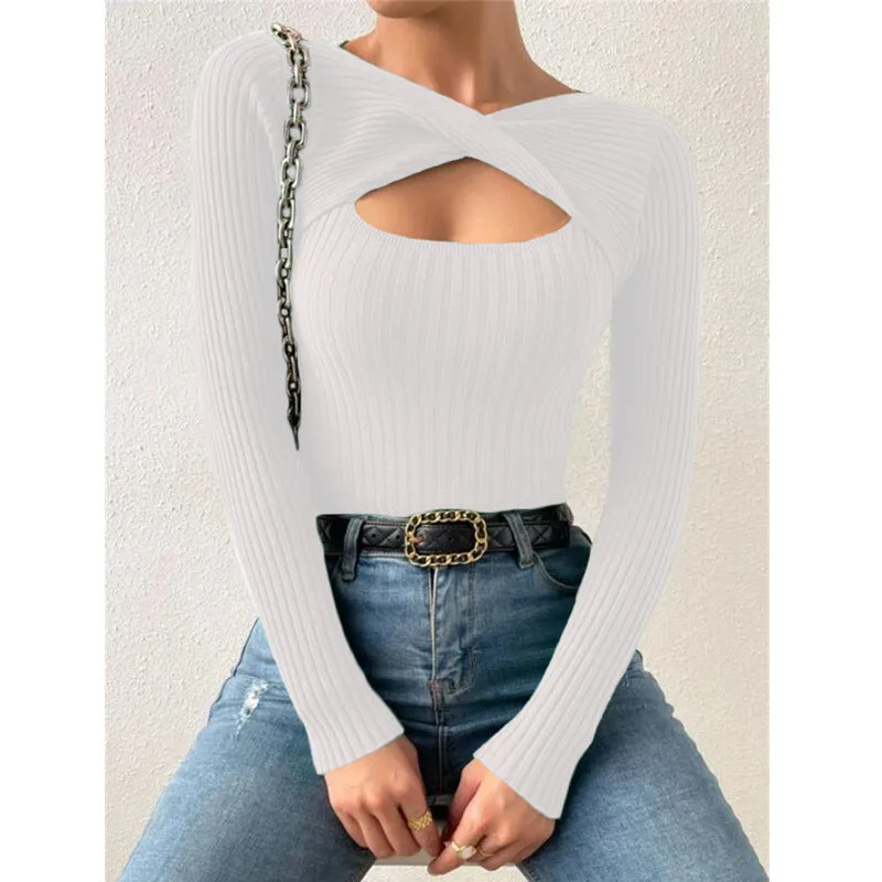 Women's New Style Irregular Hollowed Out Knotted Pullover Sweater, Fashionable Knitted Top. C241025-2