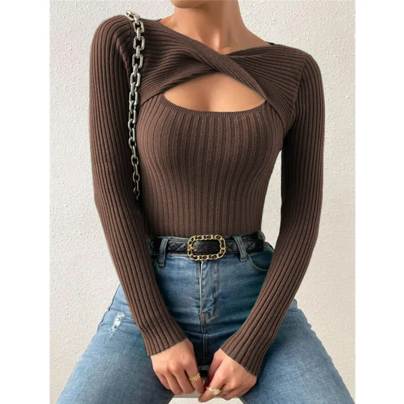 Women's New Style Irregular Hollowed Out Knotted Pullover Sweater, Fashionable Knitted Top. C241025-2
