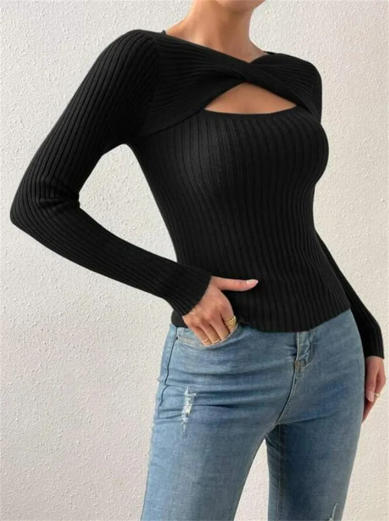 Women's New Style Irregular Hollowed Out Knotted Pullover Sweater, Fashionable Knitted Top. C241025-2