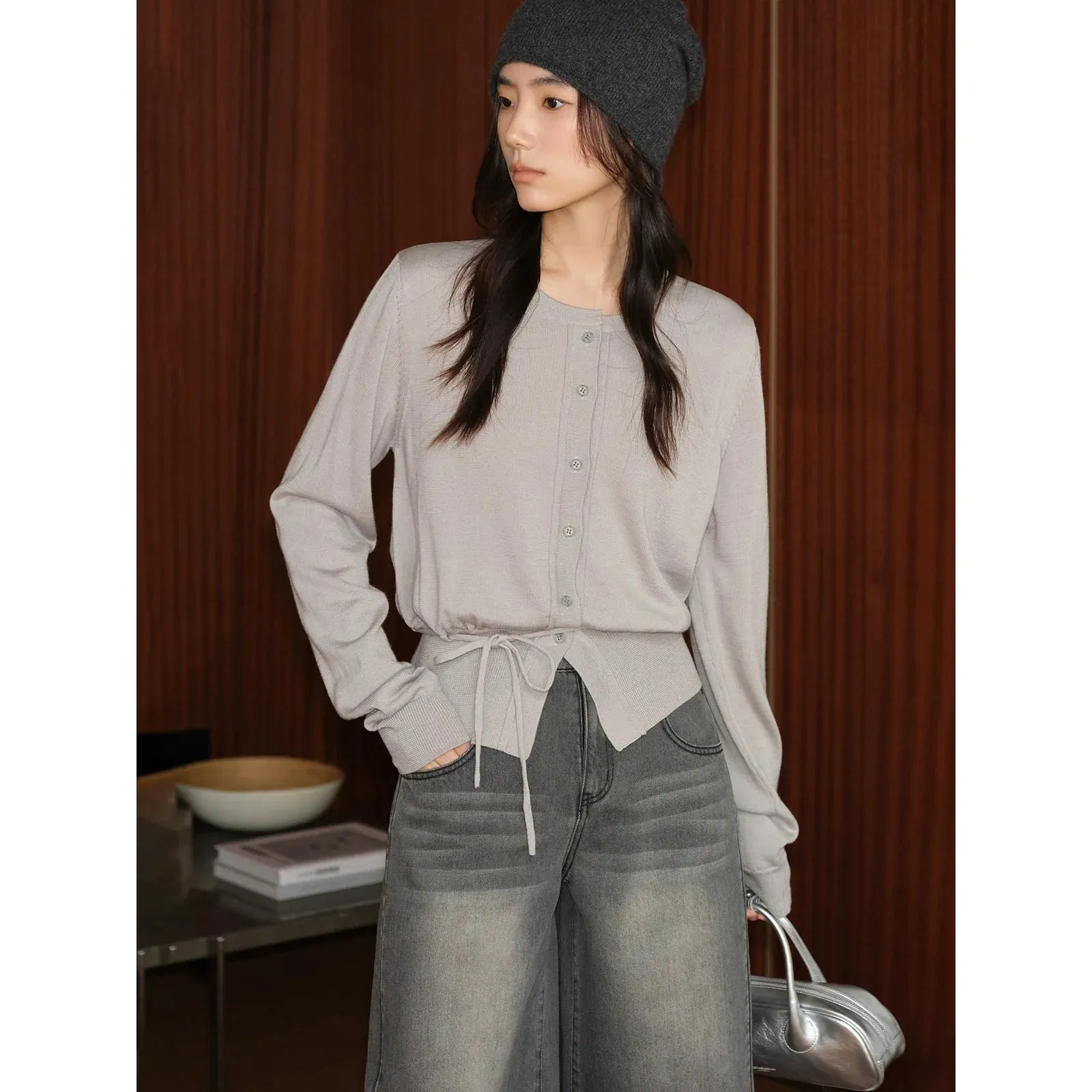 Wool Blend Cardigan with Drawstring