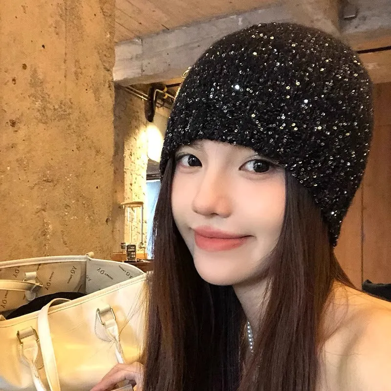 Y2K Women's Sequined Slouchy Beanie in Black for Spring and Autumn, Versatile and Making the Face Look Small, Knitted Slouchy Beanie. C-240826-4
