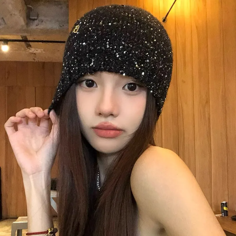 Y2K Women's Sequined Slouchy Beanie in Black for Spring and Autumn, Versatile and Making the Face Look Small, Knitted Slouchy Beanie. C-240826-4