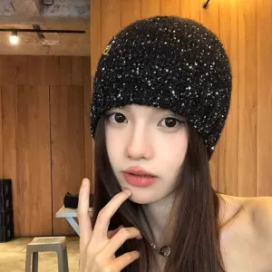 Y2K Women's Sequined Slouchy Beanie in Black for Spring and Autumn, Versatile and Making the Face Look Small, Knitted Slouchy Beanie. C-240826-4