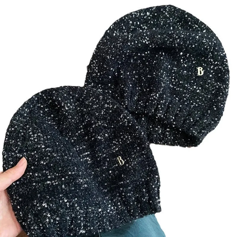 Y2K Women's Sequined Slouchy Beanie in Black for Spring and Autumn, Versatile and Making the Face Look Small, Knitted Slouchy Beanie. C-240826-4