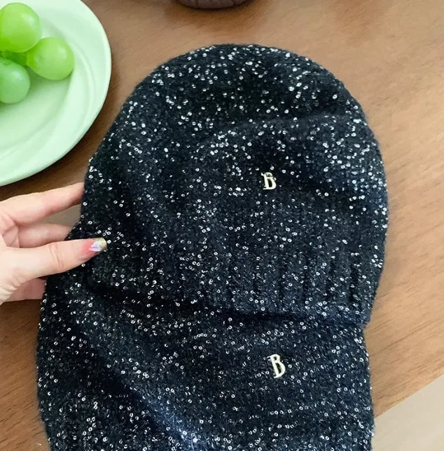 Y2K Women's Sequined Slouchy Beanie in Black for Spring and Autumn, Versatile and Making the Face Look Small, Knitted Slouchy Beanie. C-240826-4